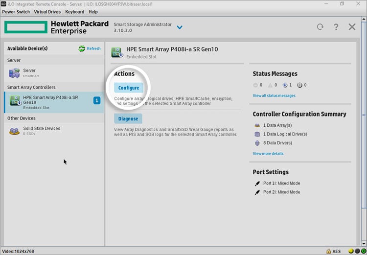 Klicken Sie auf HPE Smart Array P 408i-a SR“ und dann auf Konfigurieren.